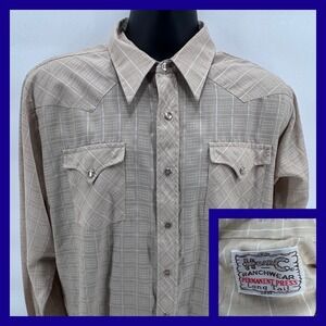 HBarC Ranchwear Long Tail Permanent Press Western Tan Plaid Pearl Snap Size 16